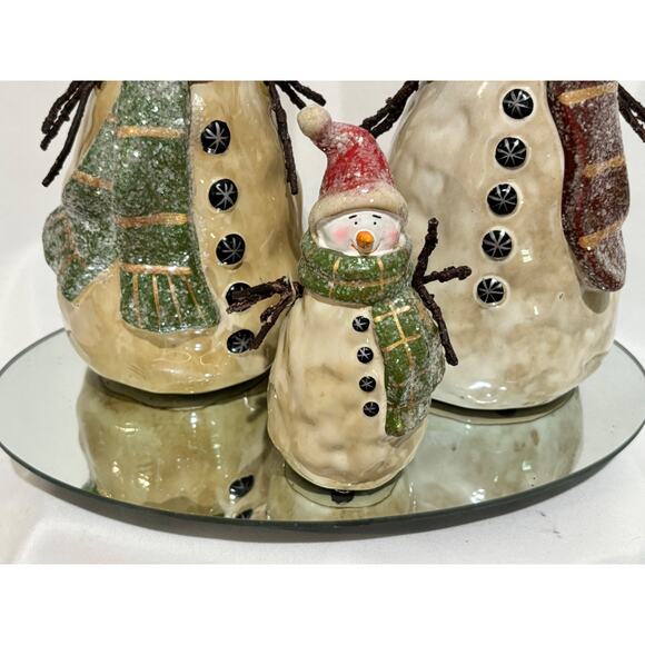 VINTAGE CHRISTMAS DECOR pottery SNOWMAN FAMILY W/ MIRROR HAND PAINTED Country - Picture 4 of 16